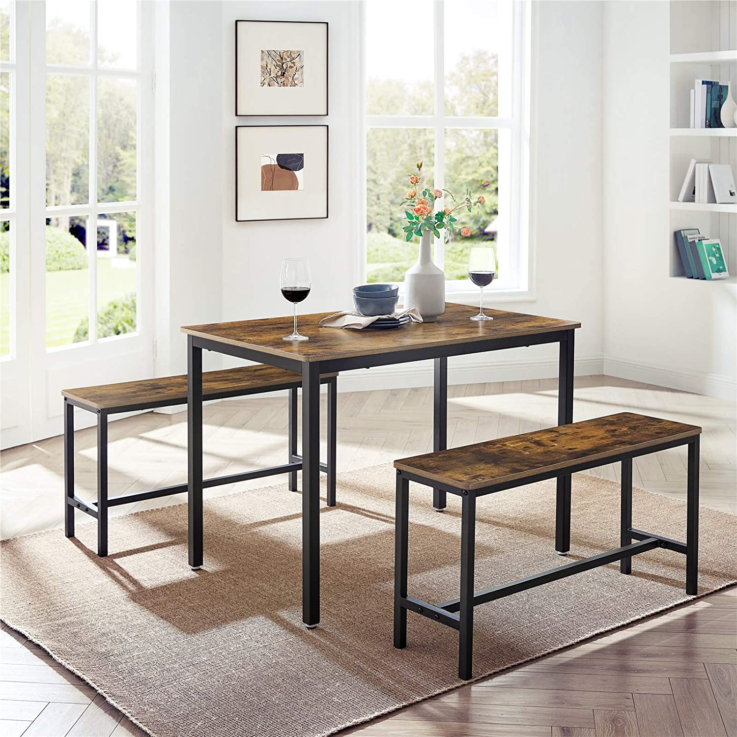 Dining Table Set - Steel Frame - Rustic Brown and Black