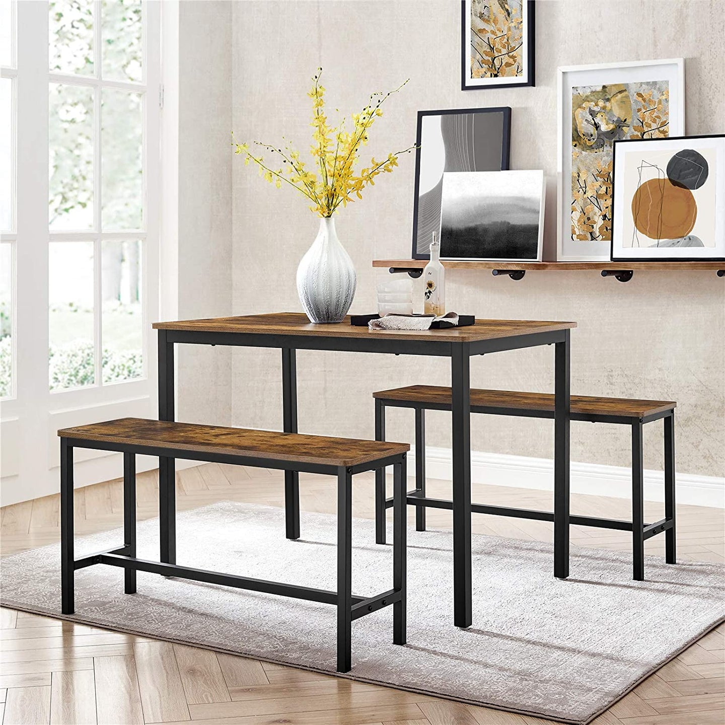 Dining Table Set - Steel Frame - Rustic Brown and Black