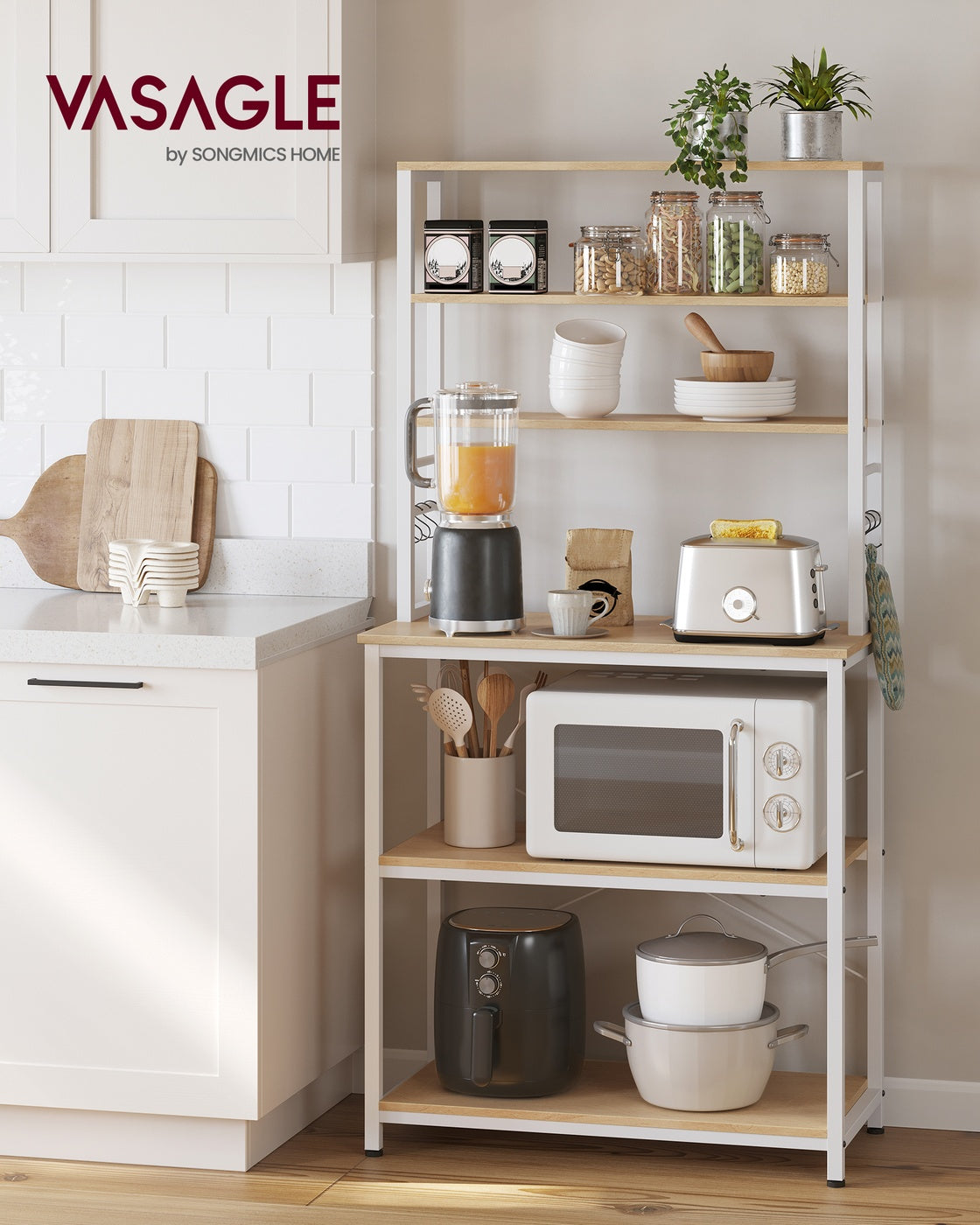 Kitchen Storage Rack - Wood and Steel - Oak - with 6 Shelves