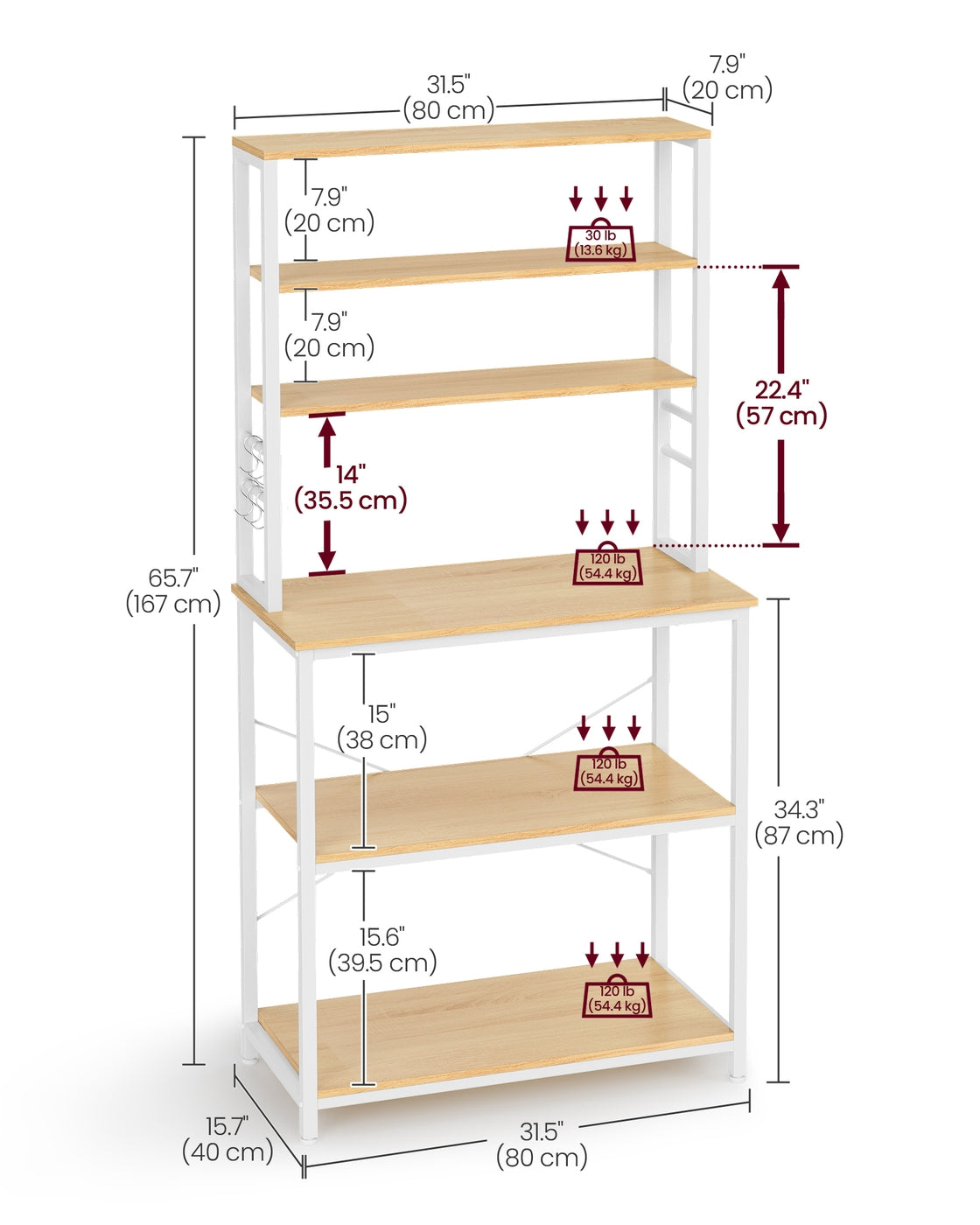 Kitchen Storage Rack - Wood and Steel - Oak - with 6 Shelves