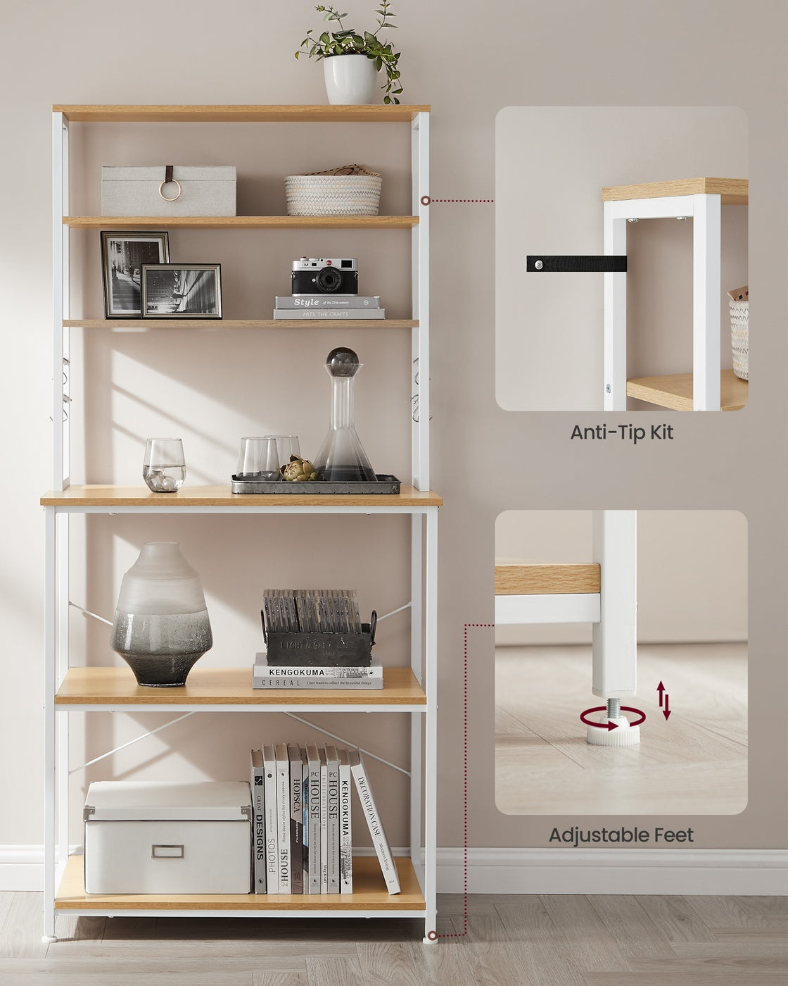 Kitchen Storage Rack - Wood and Steel - Oak - with 6 Shelves