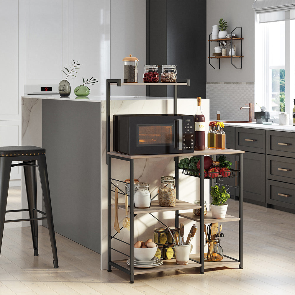 Baker's Rack - Metal - Greige and Black - Microwave Stand with Shelves and S-Hooks
