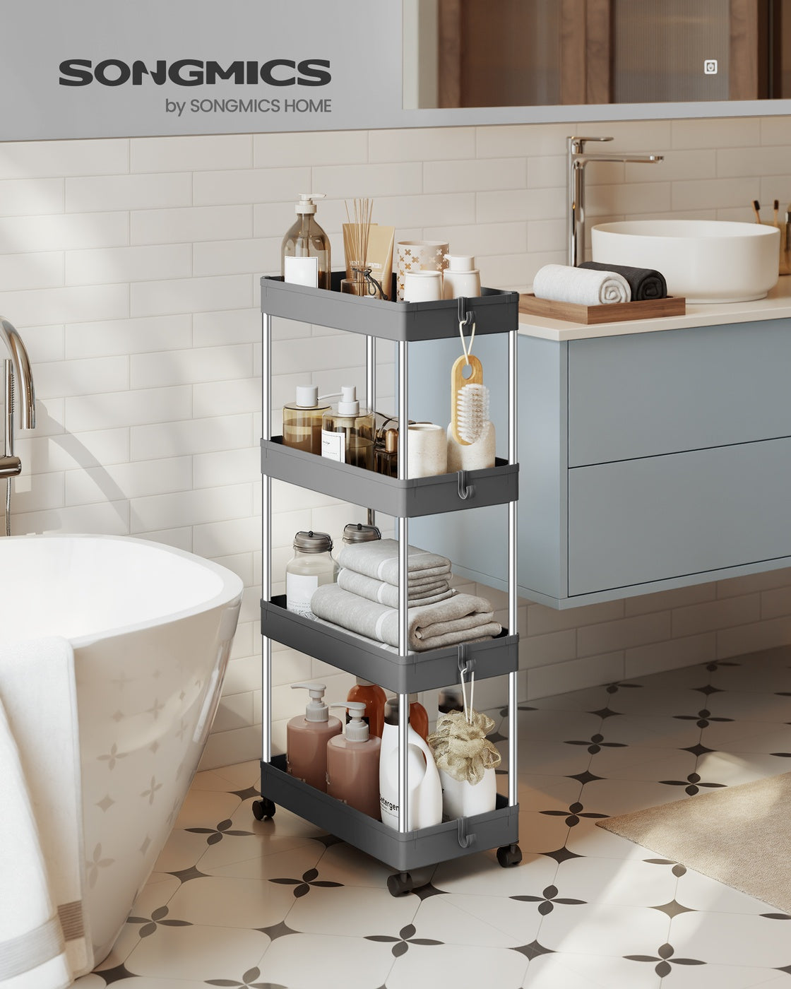 4-Tier Storage Trolley - Plastic and Stainless Steel Tubes - Dove Grey