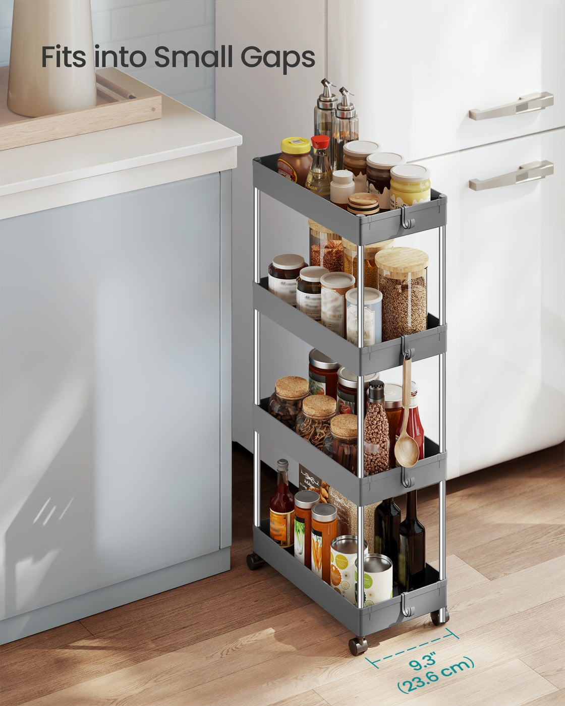 4-Tier Storage Trolley - Plastic and Stainless Steel Tubes - Dove Grey