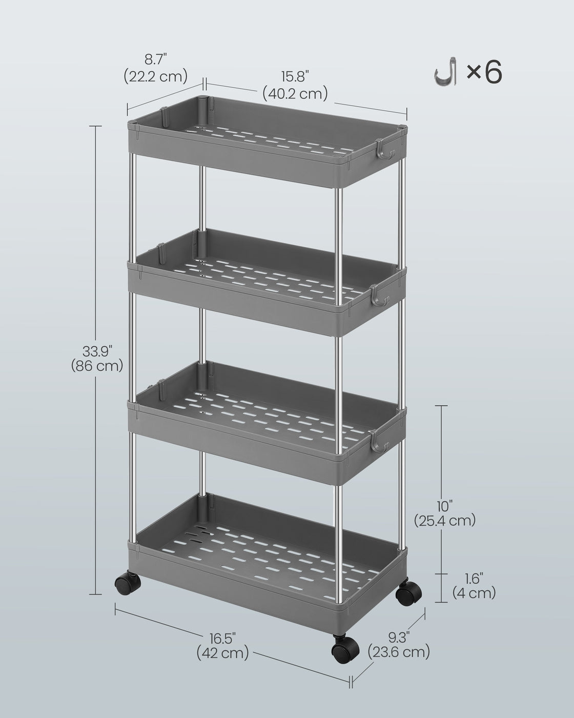 4-Tier Storage Trolley - Plastic and Stainless Steel Tubes - Dove Grey