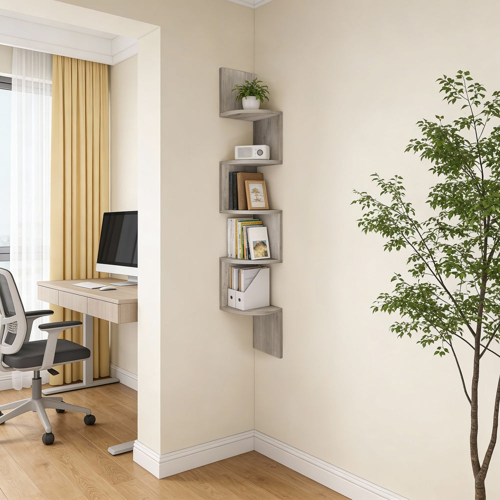 5-Tier Floating Corner Shelf - Particleboard - Zigzag Design