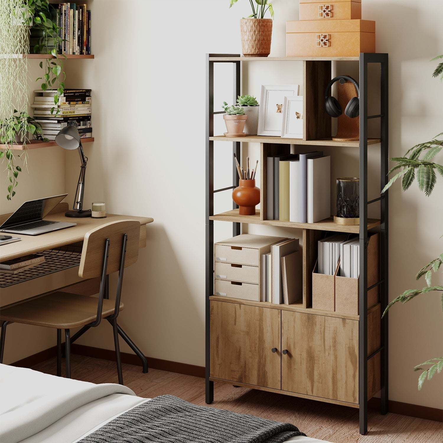 Large Bookcase - Wood - Toasted Oak - Four Shelves with Doors
