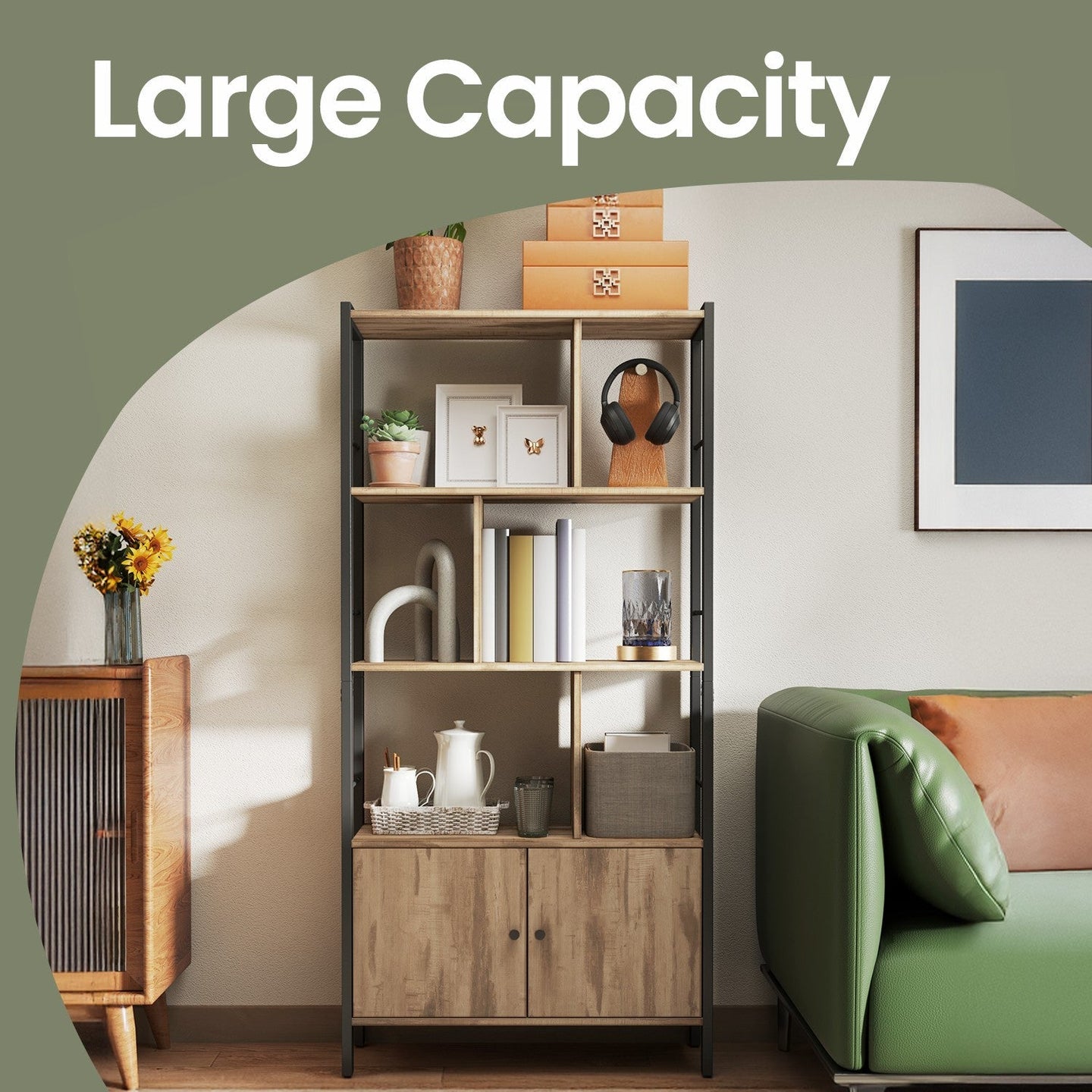 Large Bookcase - Wood - Toasted Oak - Four Shelves with Doors