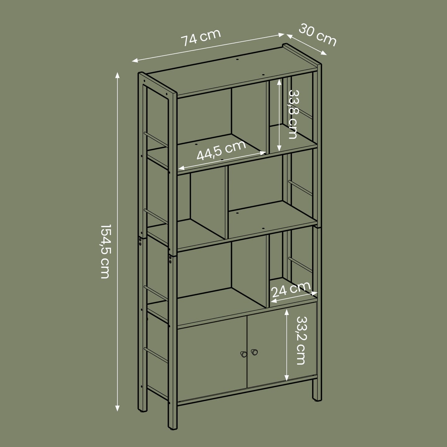 Large Bookcase - Wood - Toasted Oak - Four Shelves with Doors