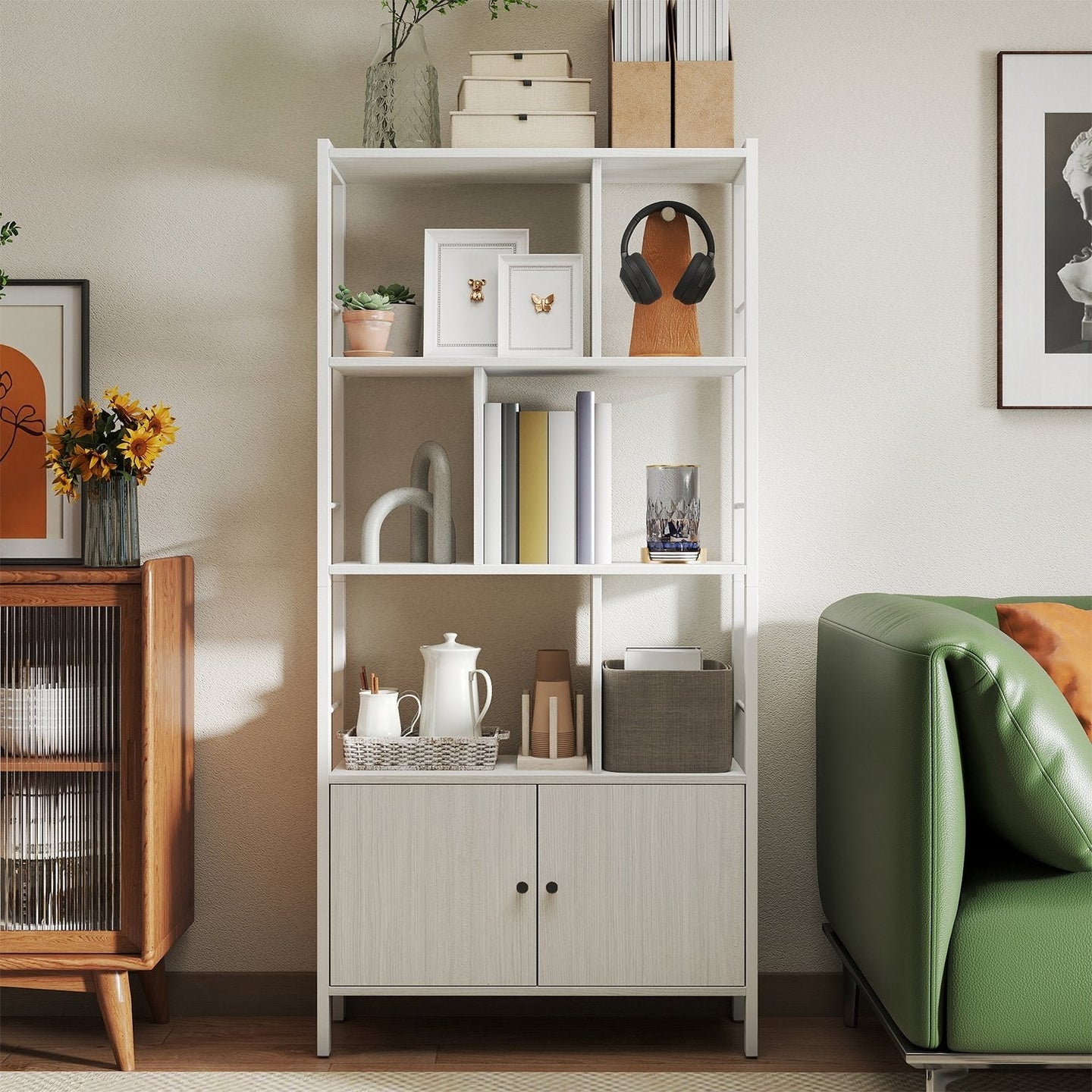 Bookshelf - Wood - Maple White - Large Storage with Doors and 4 Shelves