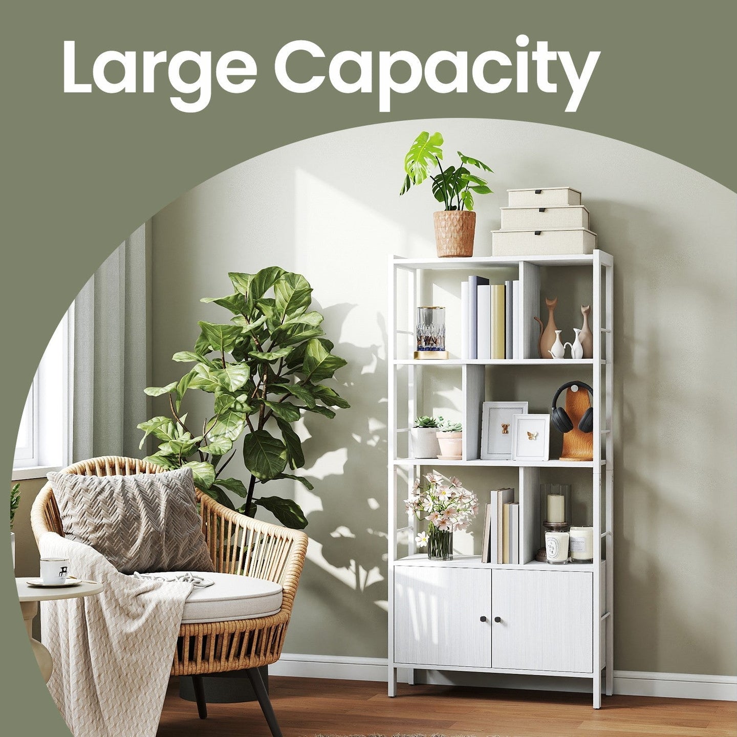 Bookshelf - Wood - Maple White - Large Storage with Doors and 4 Shelves