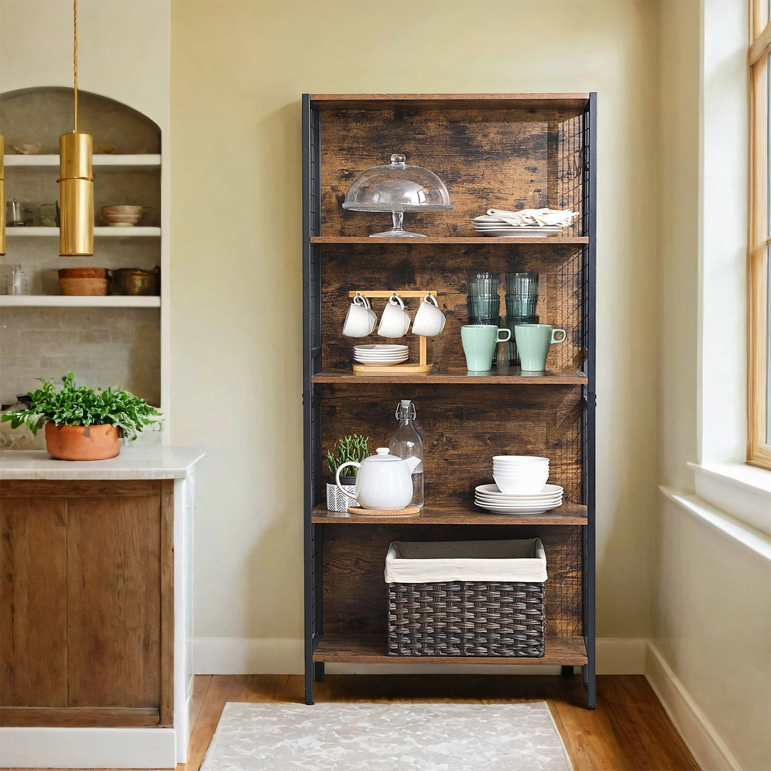 Bookcase - Steel - Rustic Brown and Black - 4-Tier Design with S-Shaped Hooks