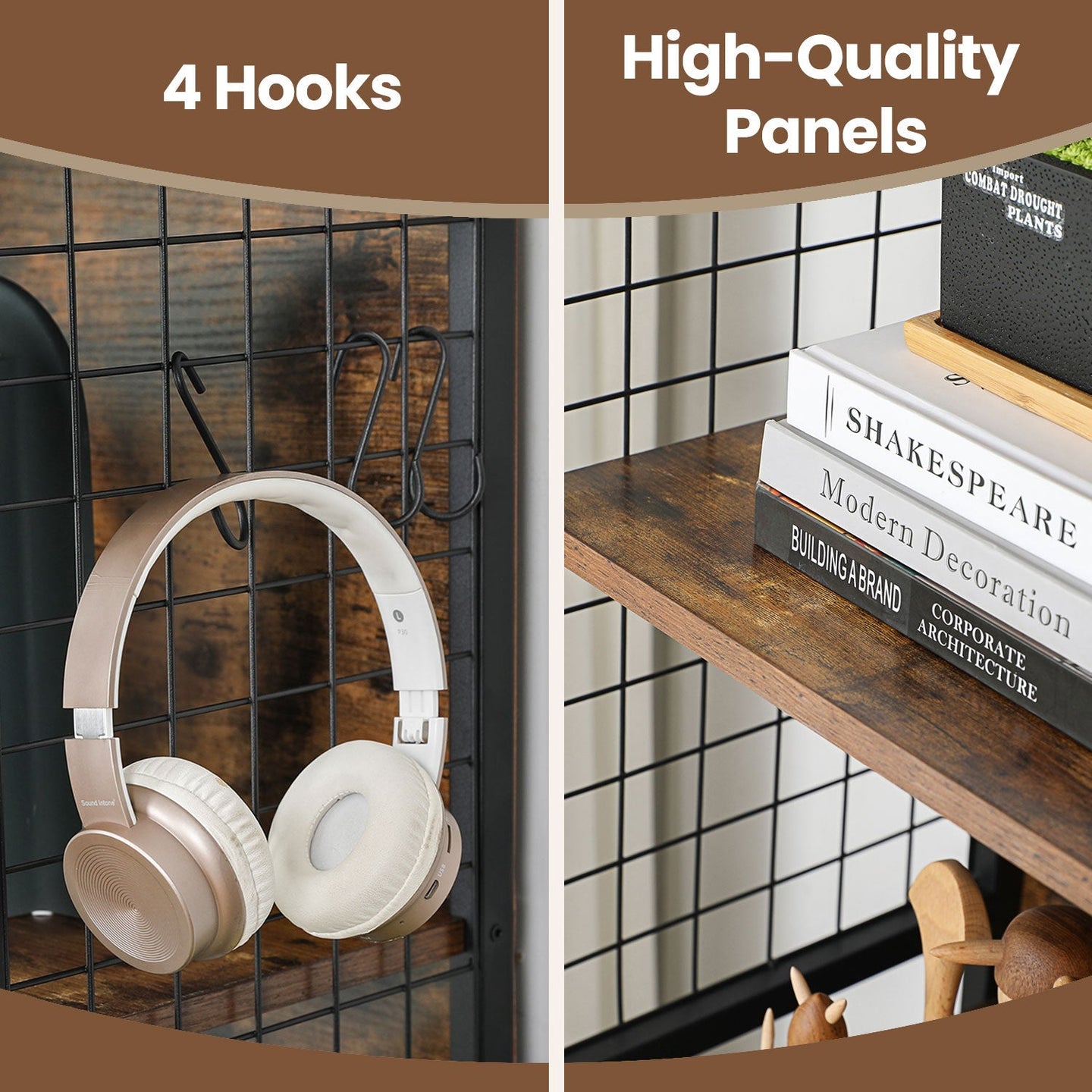 Bookcase - Steel - Rustic Brown and Black - 4-Tier Design with S-Shaped Hooks