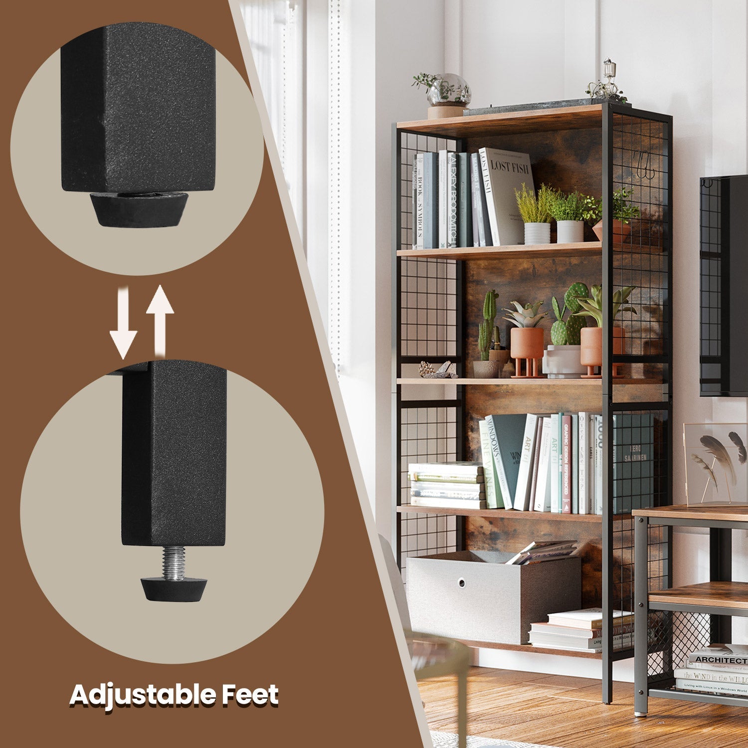 Bookcase - Steel - Rustic Brown and Black - 4-Tier Design with S-Shaped Hooks