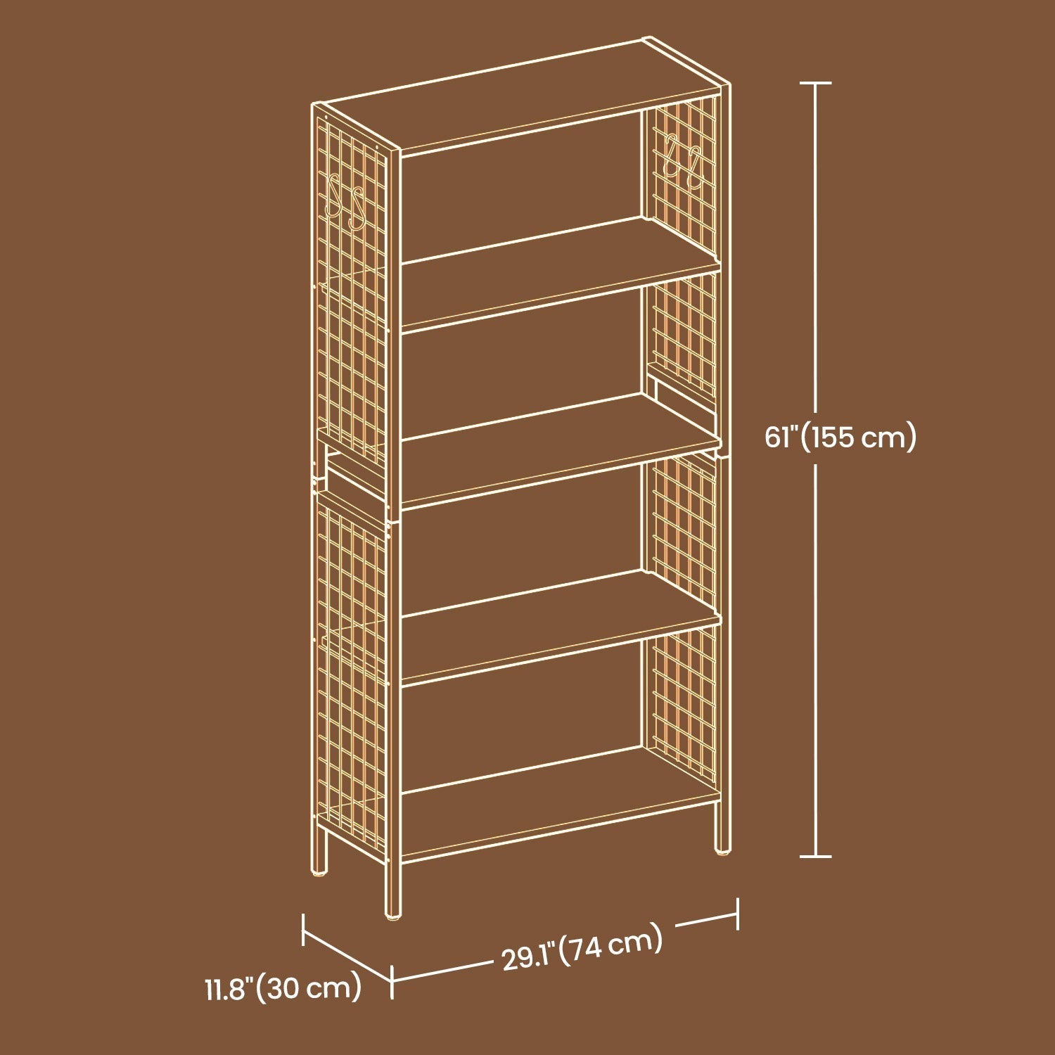Bookcase - Steel - Rustic Brown and Black - 4-Tier Design with S-Shaped Hooks