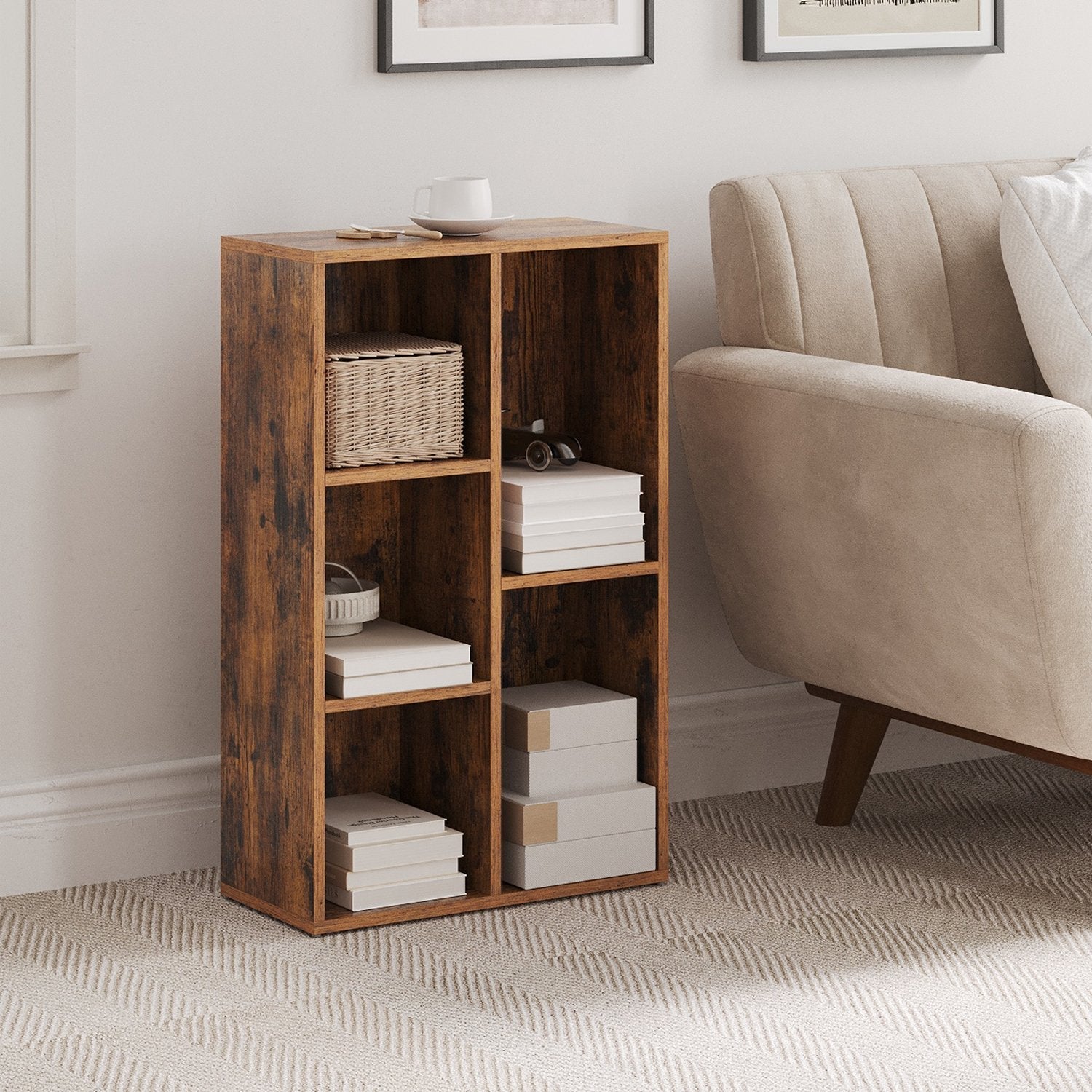 Kids Bookcase - Wood - Oak - 5-Cube Design with Floor Standing Storage