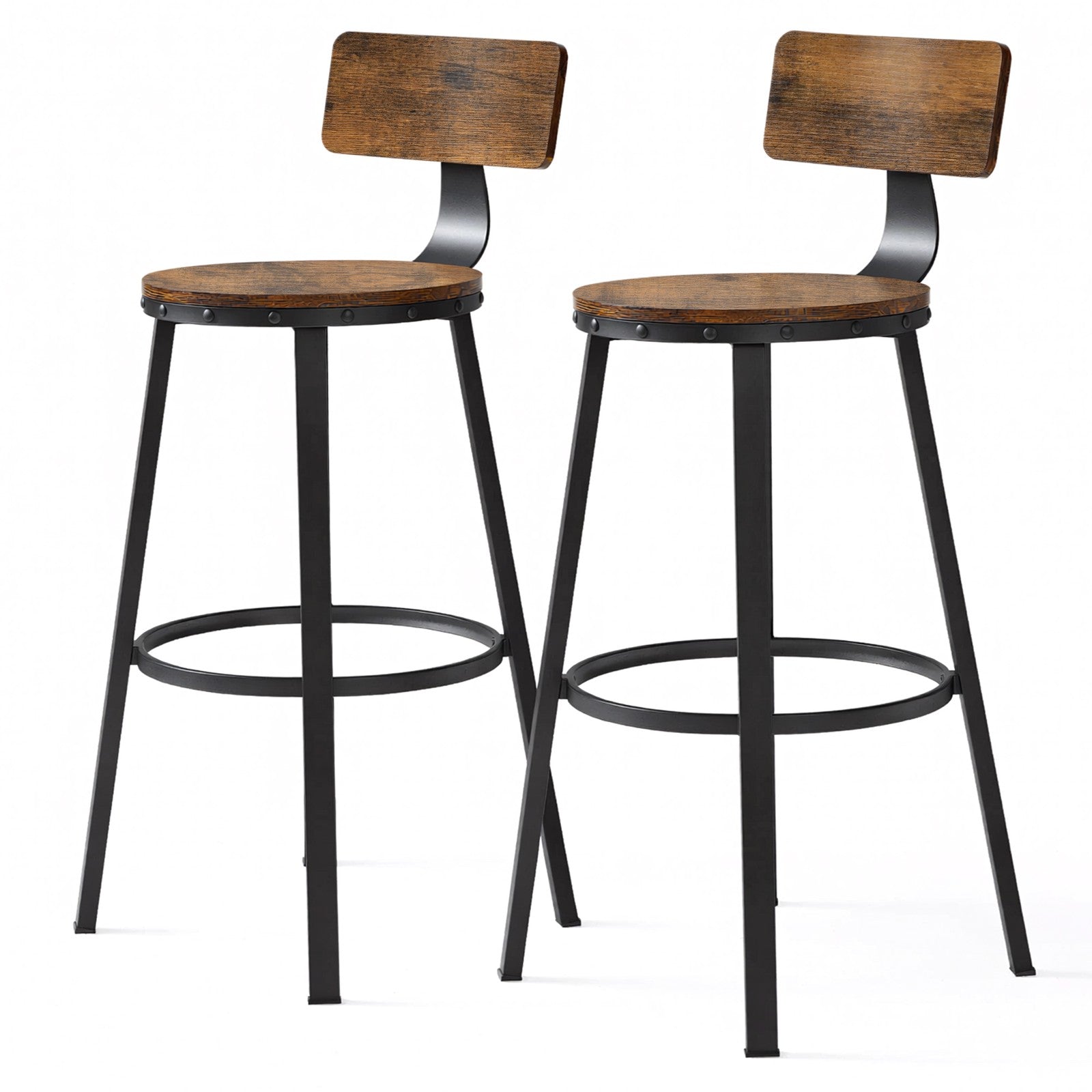 Bar Stools Set of 2 - Heavy-Duty Steel - Rustic Brown and Black - Bar Height with Backrest