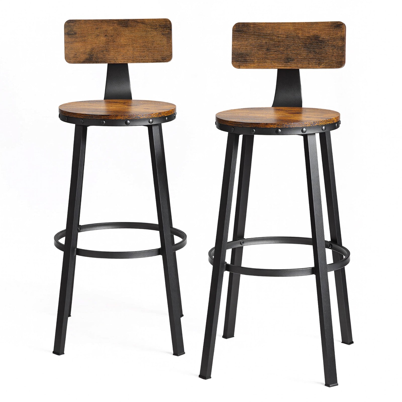 Bar Stools Set of 2 - Heavy-Duty Steel - Rustic Brown and Black - Bar Height with Backrest
