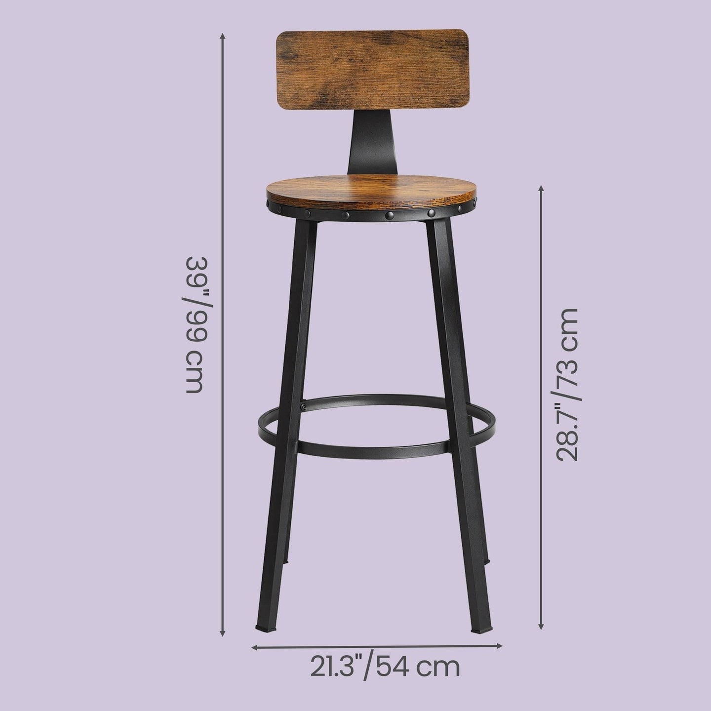 Bar Stools Set of 2 - Heavy-Duty Steel - Rustic Brown and Black - Bar Height with Backrest