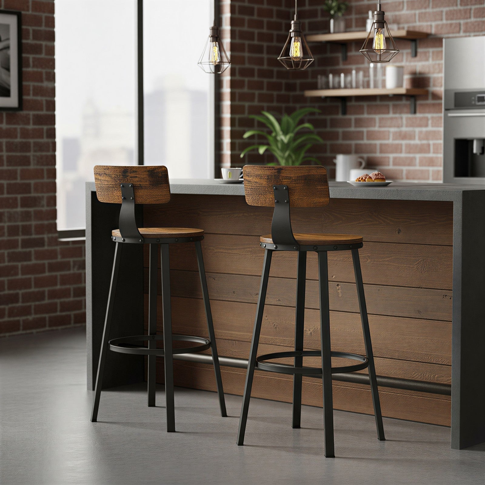 Bar Stools Set of 2 - Heavy-Duty Steel - Rustic Brown and Black - Bar Height with Backrest