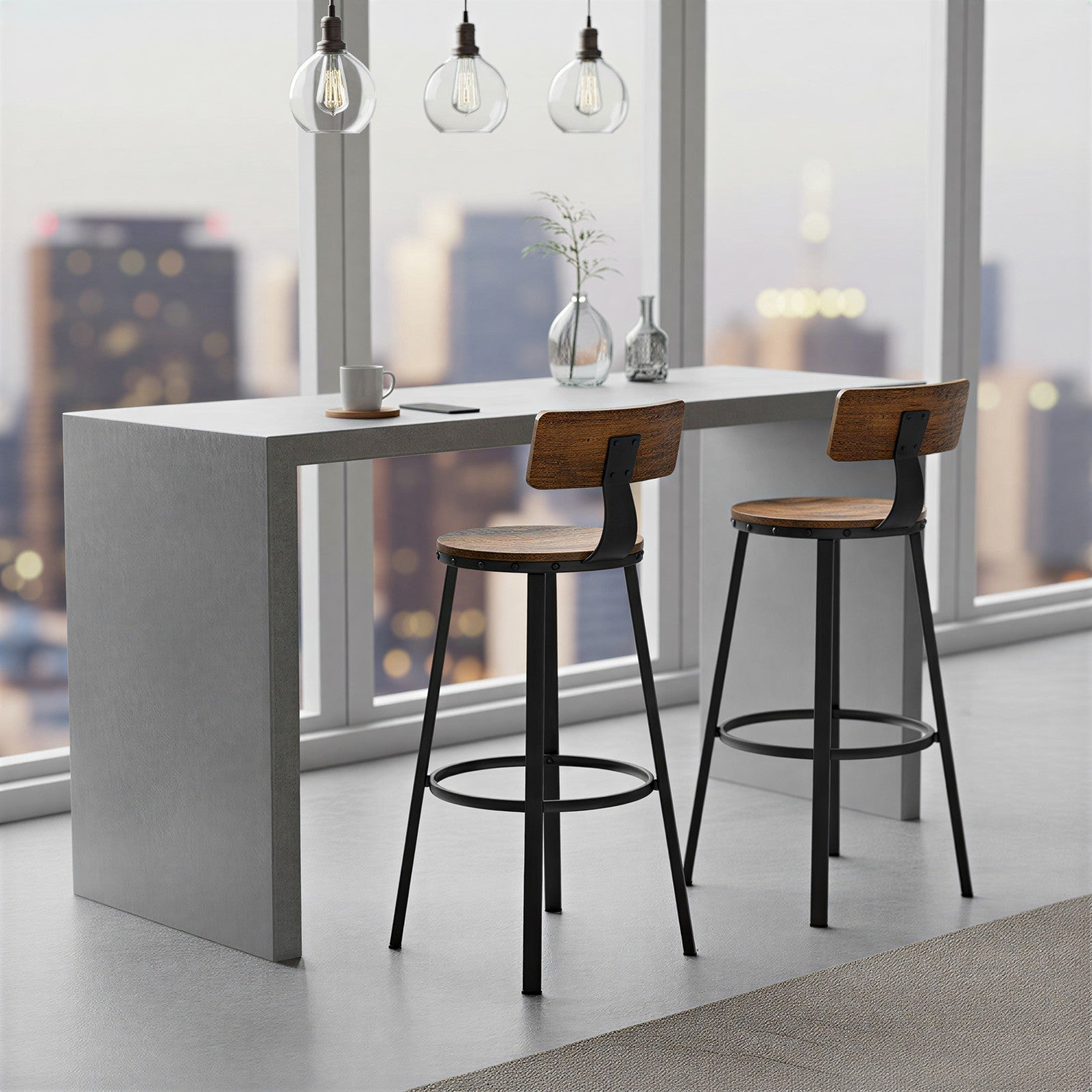 Bar Stools Set of 2 - Heavy-Duty Steel - Rustic Brown and Black - Bar Height with Backrest
