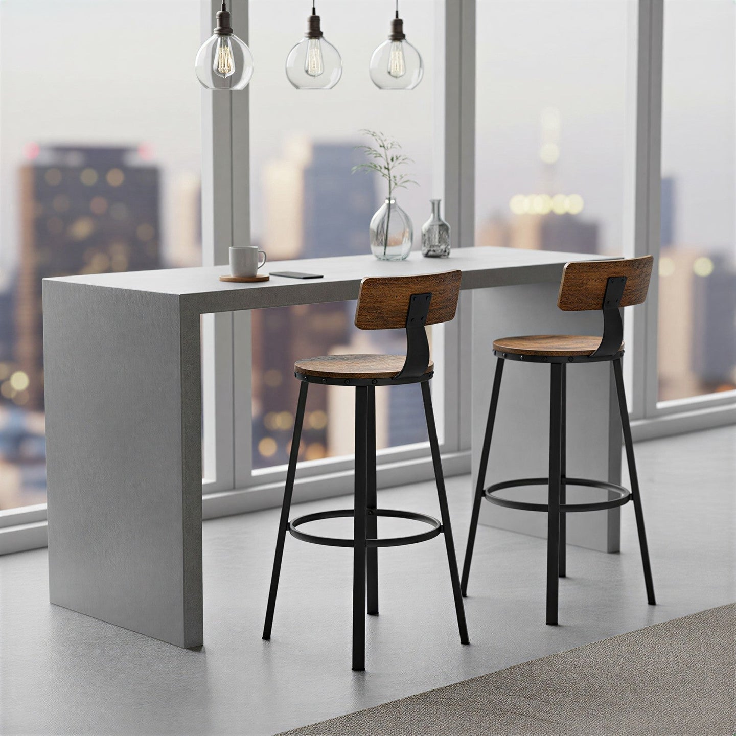 Bar Stools Set of 2 - Heavy-Duty Steel - Rustic Brown and Black - Bar Height with Backrest