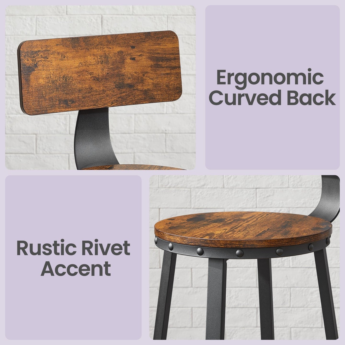 Bar Stools Set of 2 - Heavy-Duty Steel - Rustic Brown and Black - Bar Height with Backrest