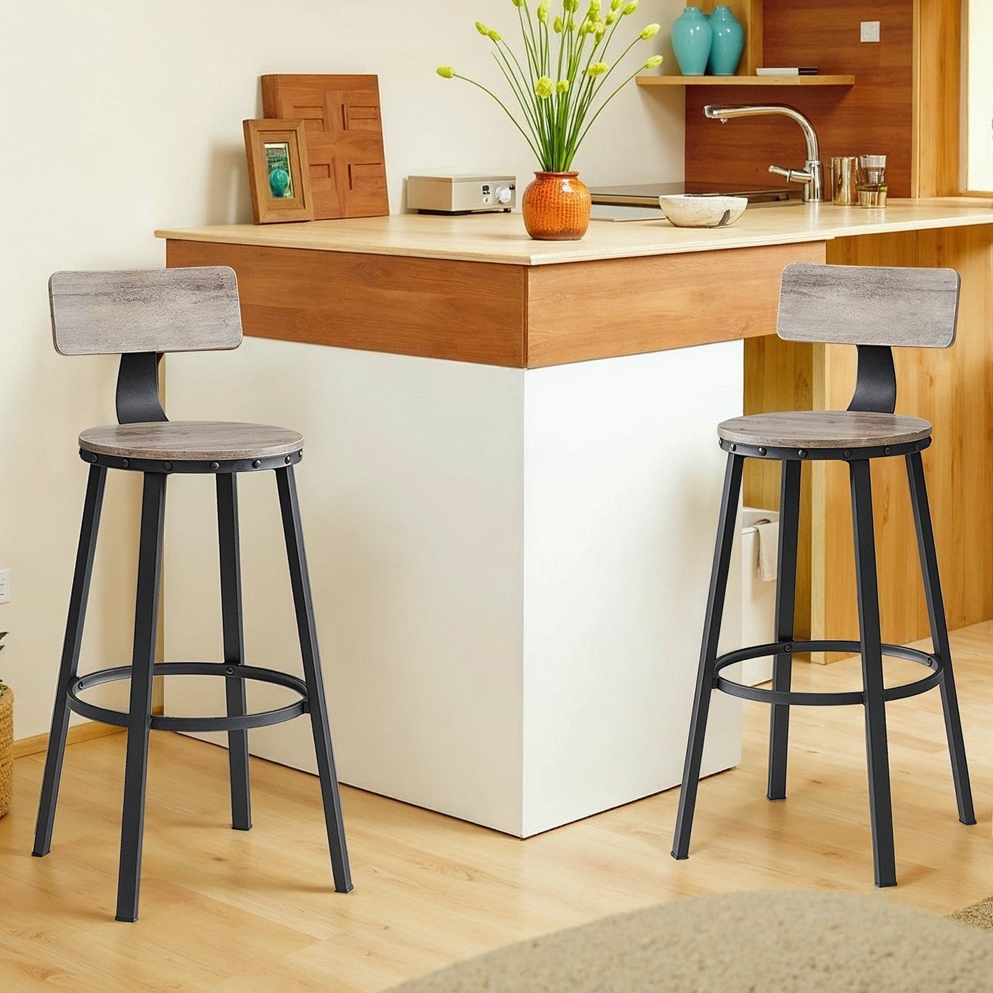 Bar Stools Set of 2 - Heavy-Duty Steel - Rustic Brown and Black - Bar Height with Backrest