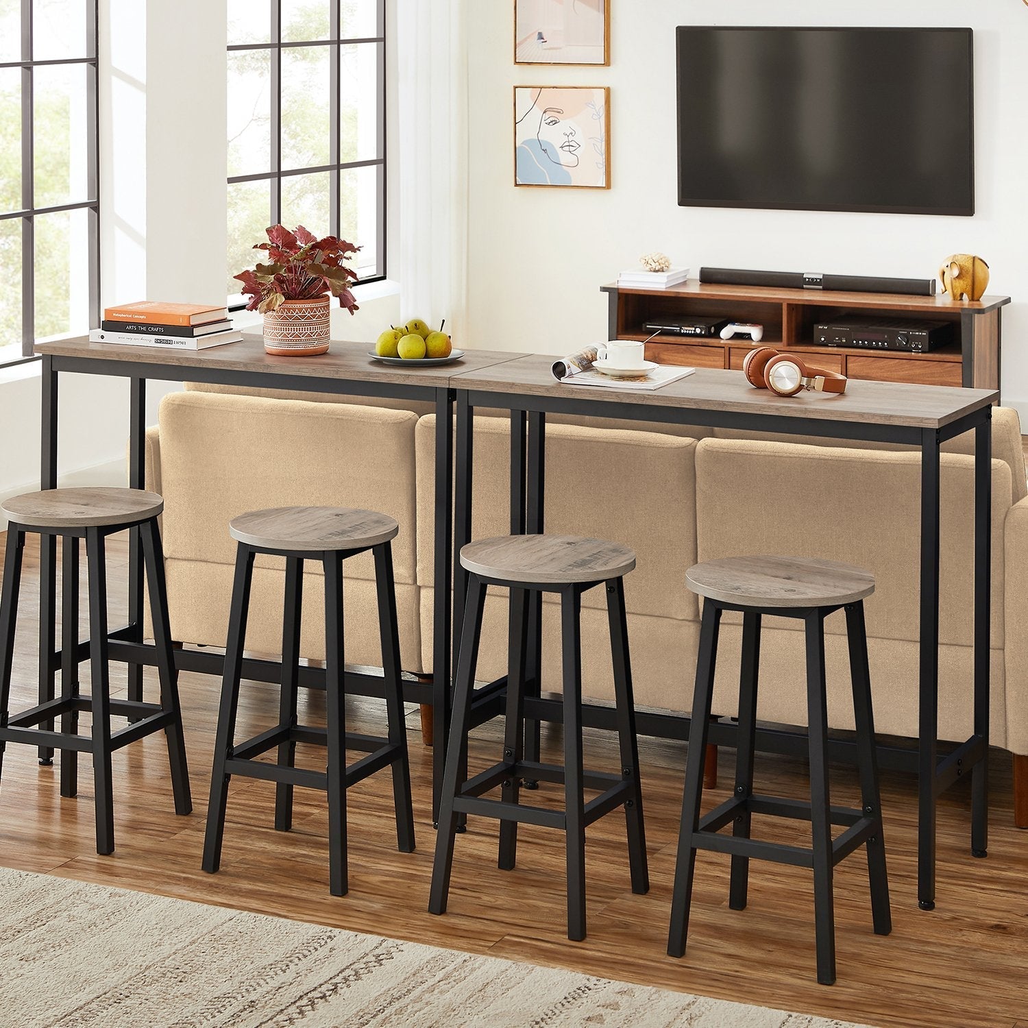 Bar Stools - Set of 2 with Footrest - Wood - Oak Beige and White