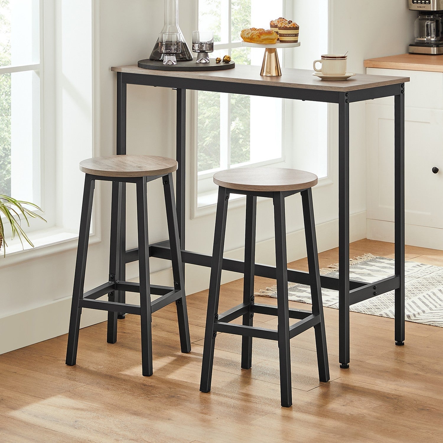 Bar Stools - Set of 2 with Footrest - Wood - Oak Beige and White