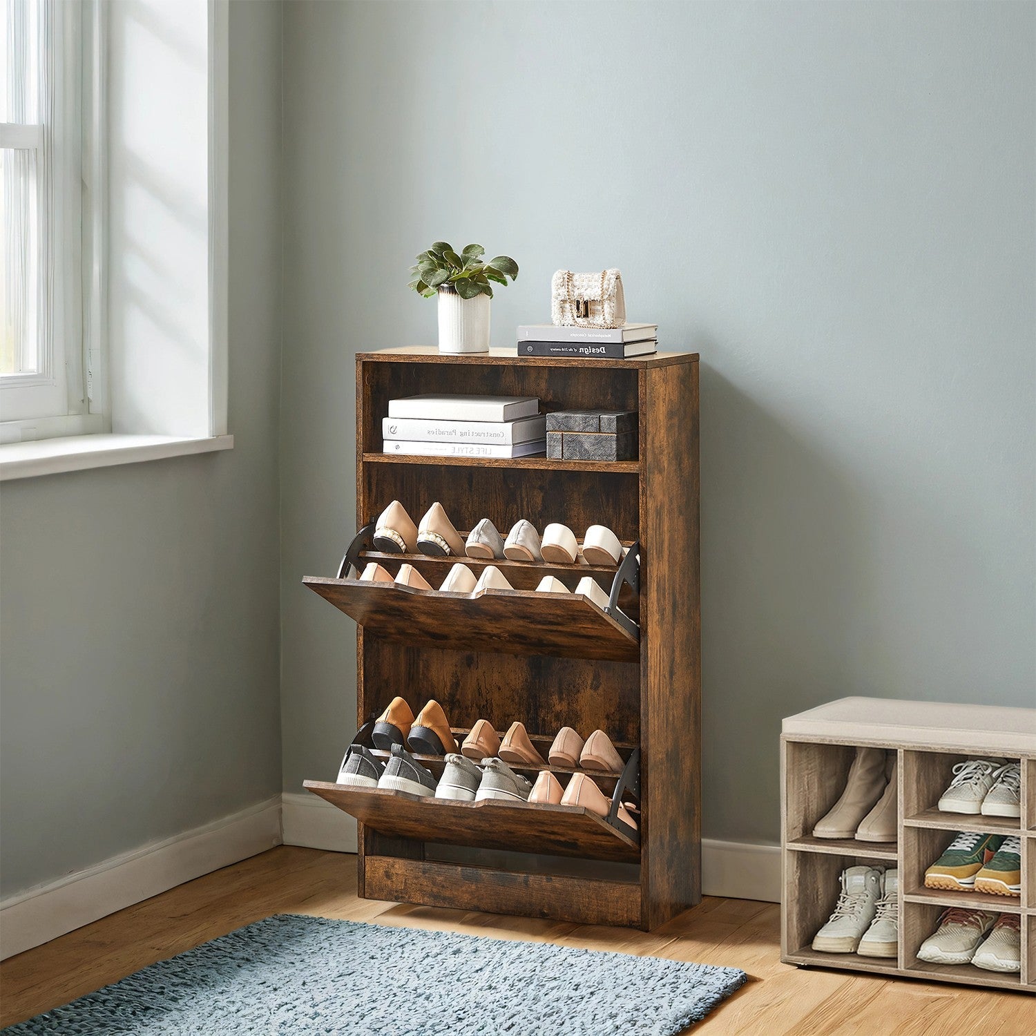 Shoe Cabinet - Melamine Veneer - Rustic Brown - Slim Design with Open Shelf and Two Flaps