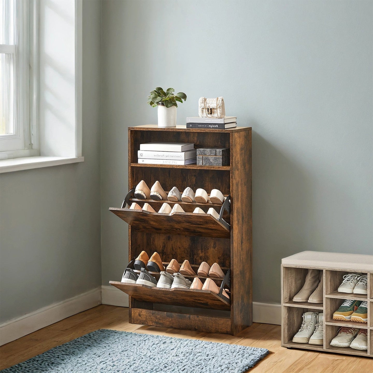 Shoe Cabinet - Melamine Veneer - Rustic Brown - Slim Design with Open Shelf and Two Flaps