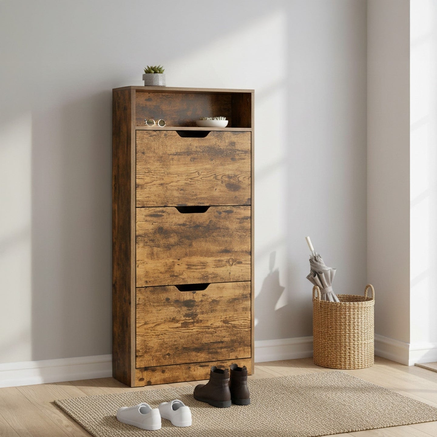 Shoe Cabinet - Wood - Brown - 3 Flip Doors