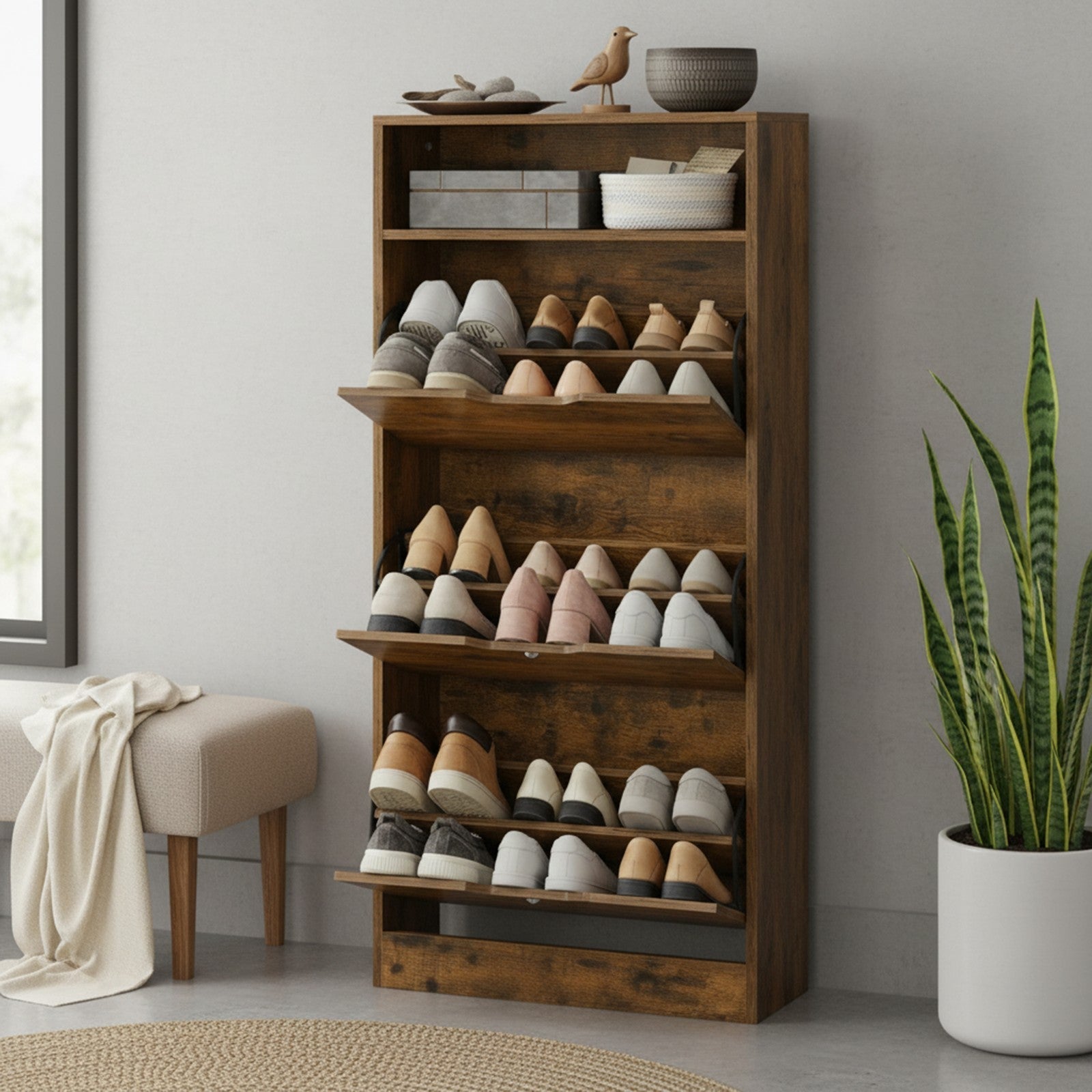 Shoe Cabinet - Wood - Brown - 3 Flip Doors