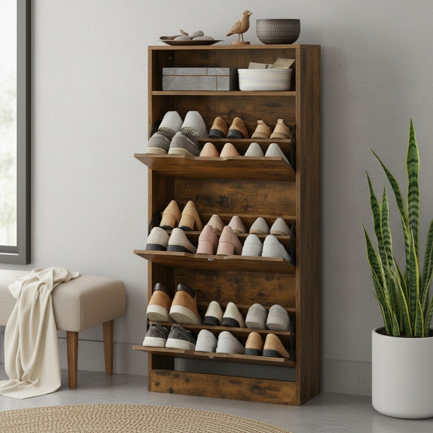 Shoe Cabinet - Wood - Brown - 3 Flip Doors