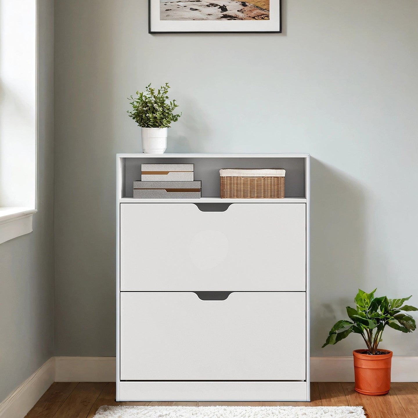 Shoe Storage Cabinet - Melamine Veneer - Rustic Brown - Adjustable Dividers for 11-16 Pairs of Shoes