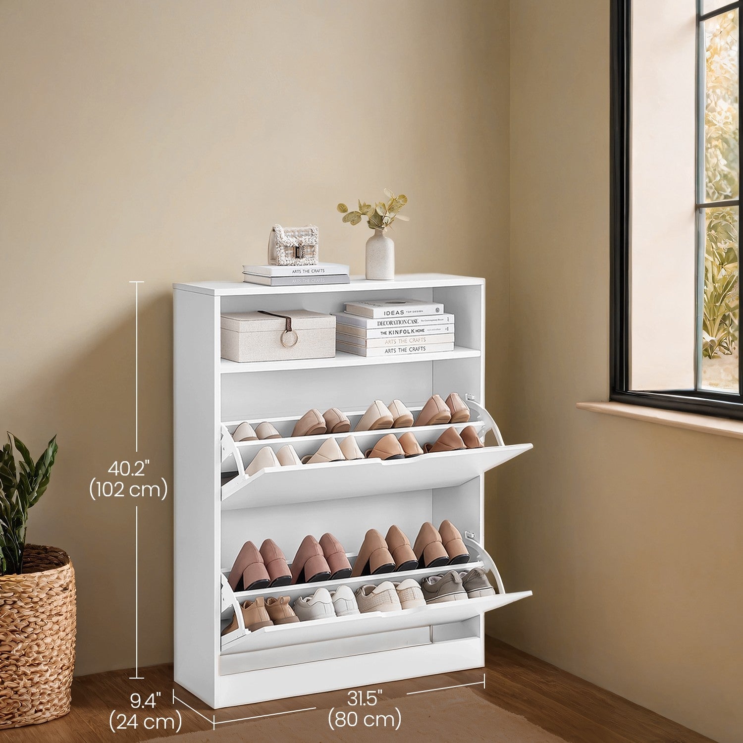 Shoe Storage Cabinet - Melamine Veneer - Rustic Brown - Adjustable Dividers for 11-16 Pairs of Shoes