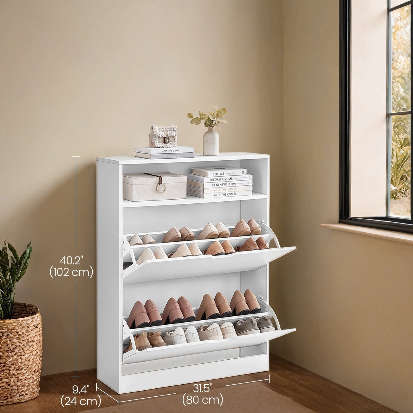 Shoe Storage Cabinet - Melamine Veneer - Rustic Brown - Adjustable Dividers for 11-16 Pairs of Shoes