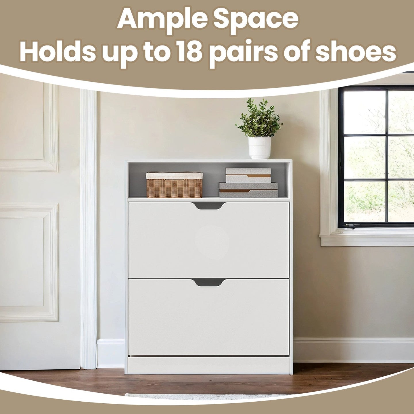 Shoe Storage Cabinet - Melamine Veneer - Rustic Brown - Adjustable Dividers for 11-16 Pairs of Shoes