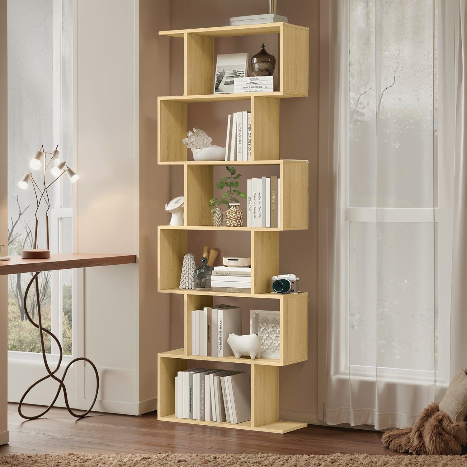 6-Tier Bookshelf - Wood - White - Freestanding Room Divider