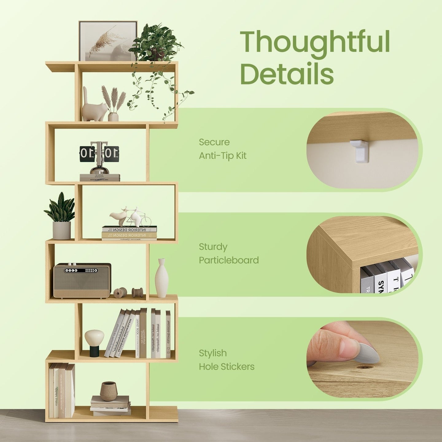 6-Tier Bookshelf - Wood - White - Freestanding Room Divider