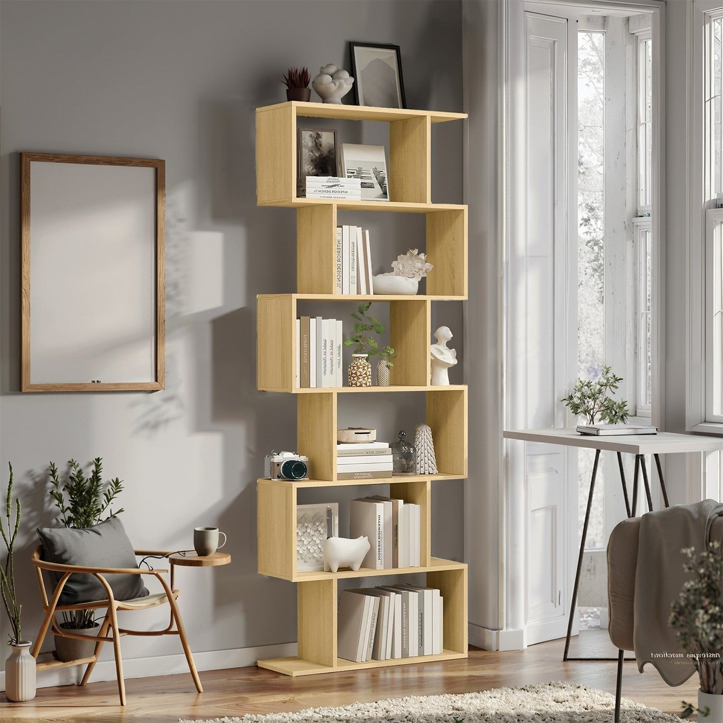 6-Tier Bookshelf - Wood - White - Freestanding Room Divider
