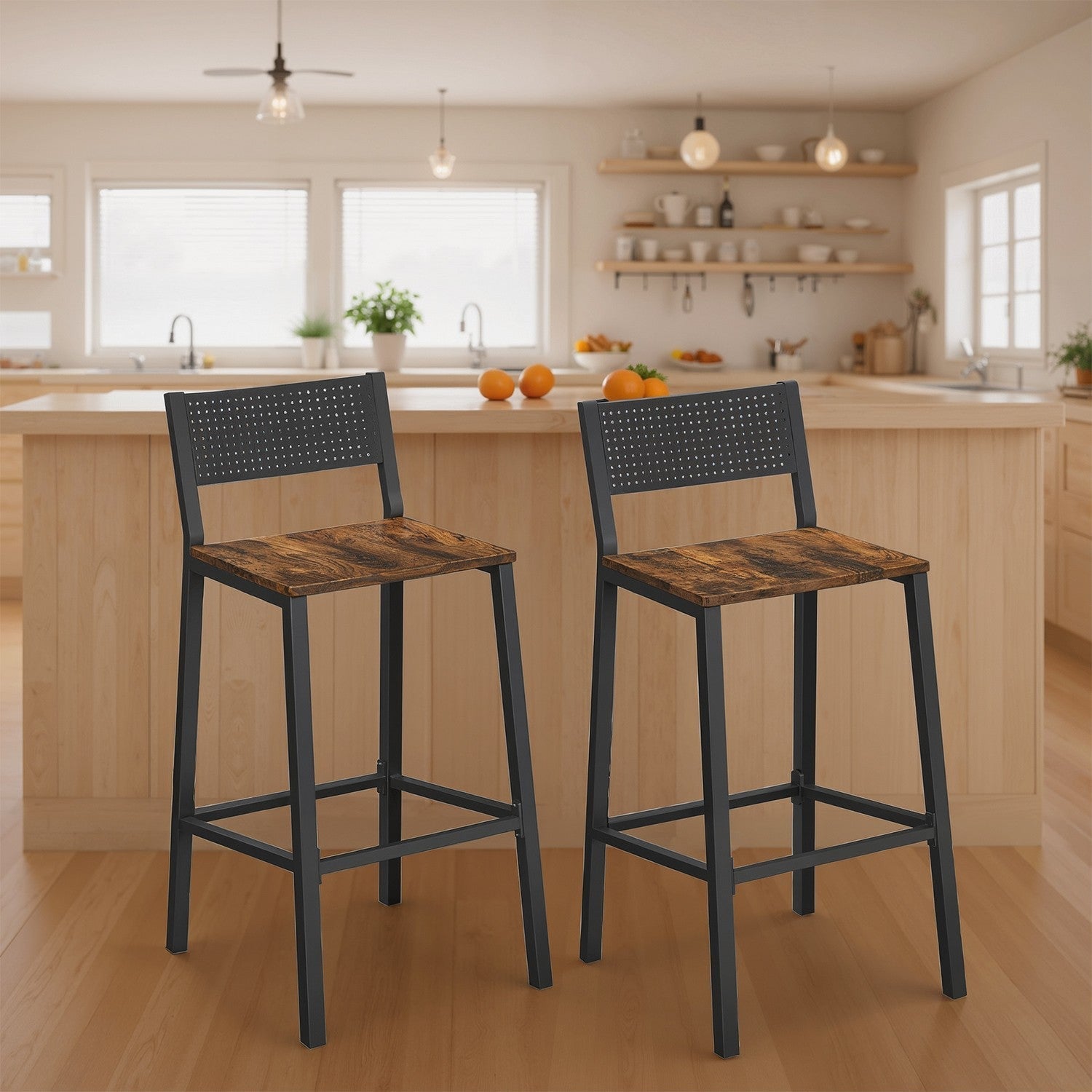 Set of 2 Dining Chairs - Wood - Rustic Brown and Black