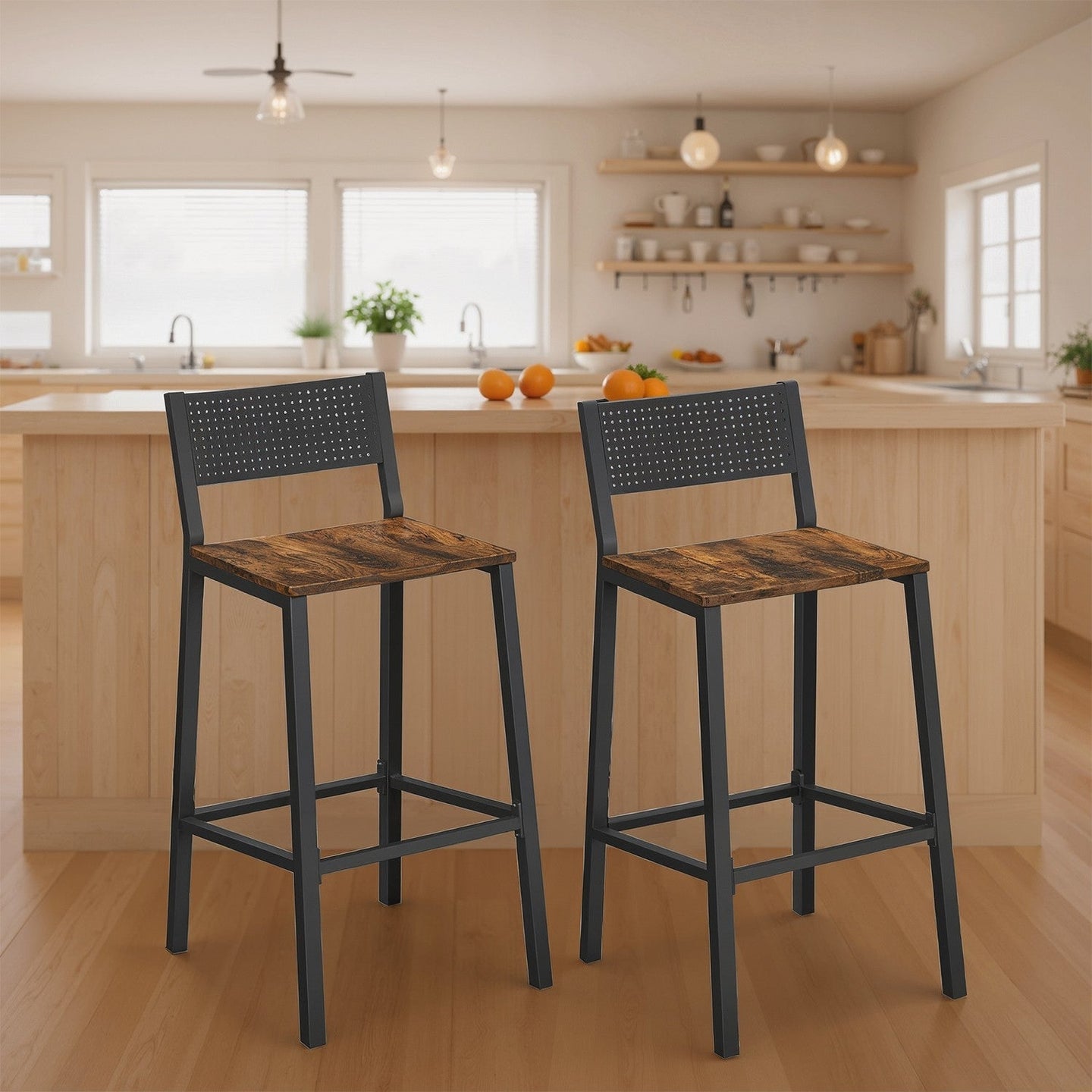 Set of 2 Dining Chairs - Wood - Rustic Brown and Black