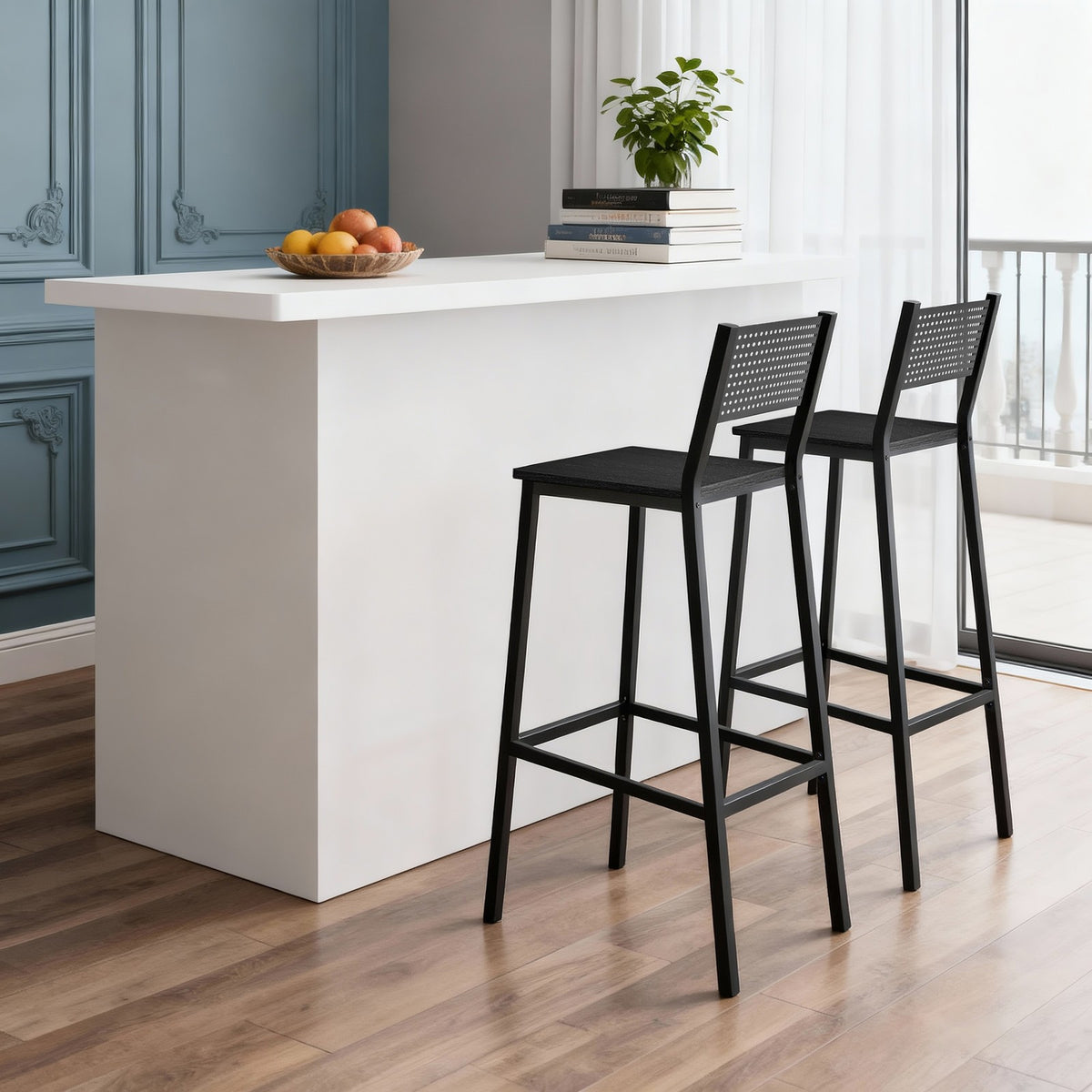 Bar Chairs Set of 2, Industrial Counter Stools - Wood and Steel - Gray