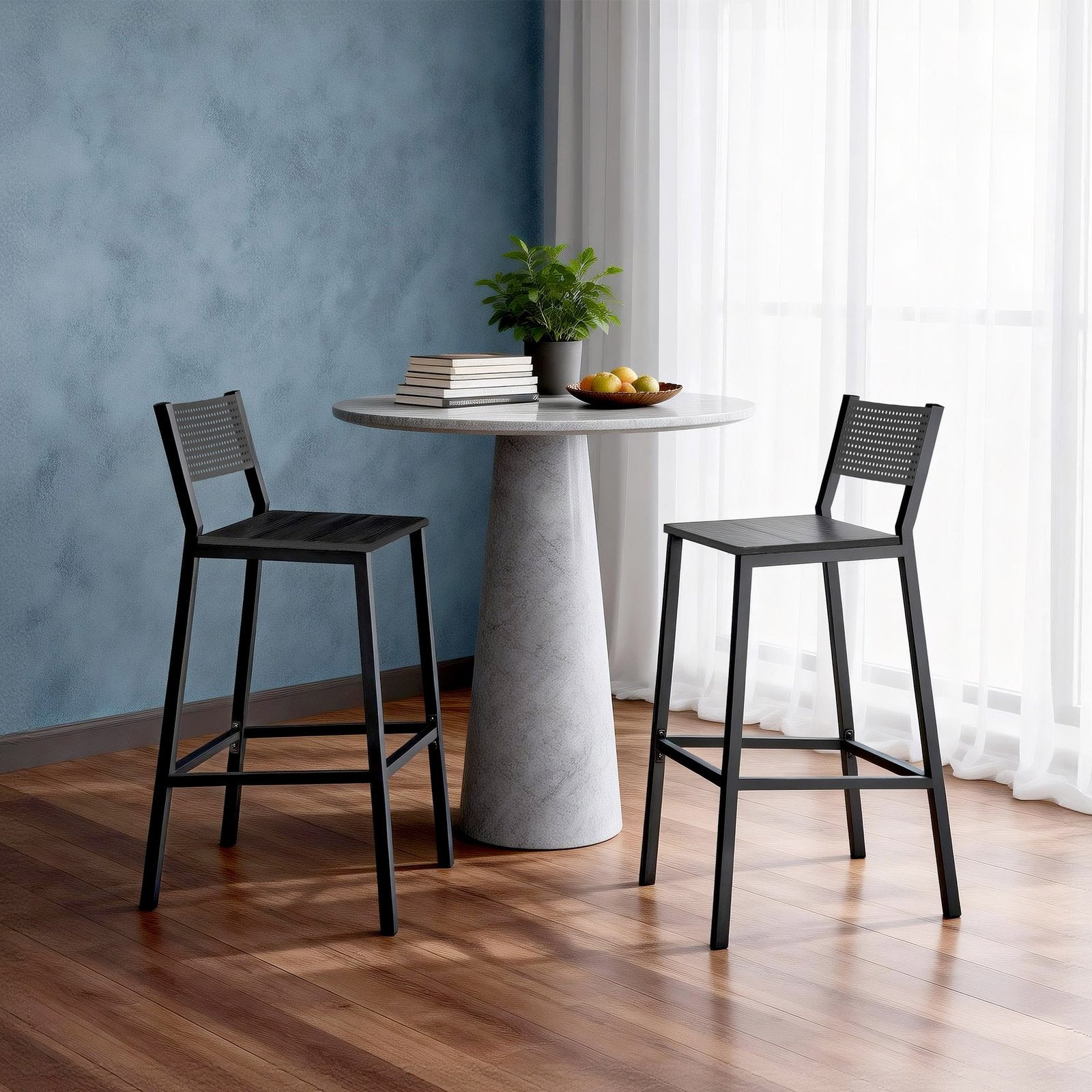 Bar Chairs Set of 2, Industrial Counter Stools - Wood and Steel - Gray