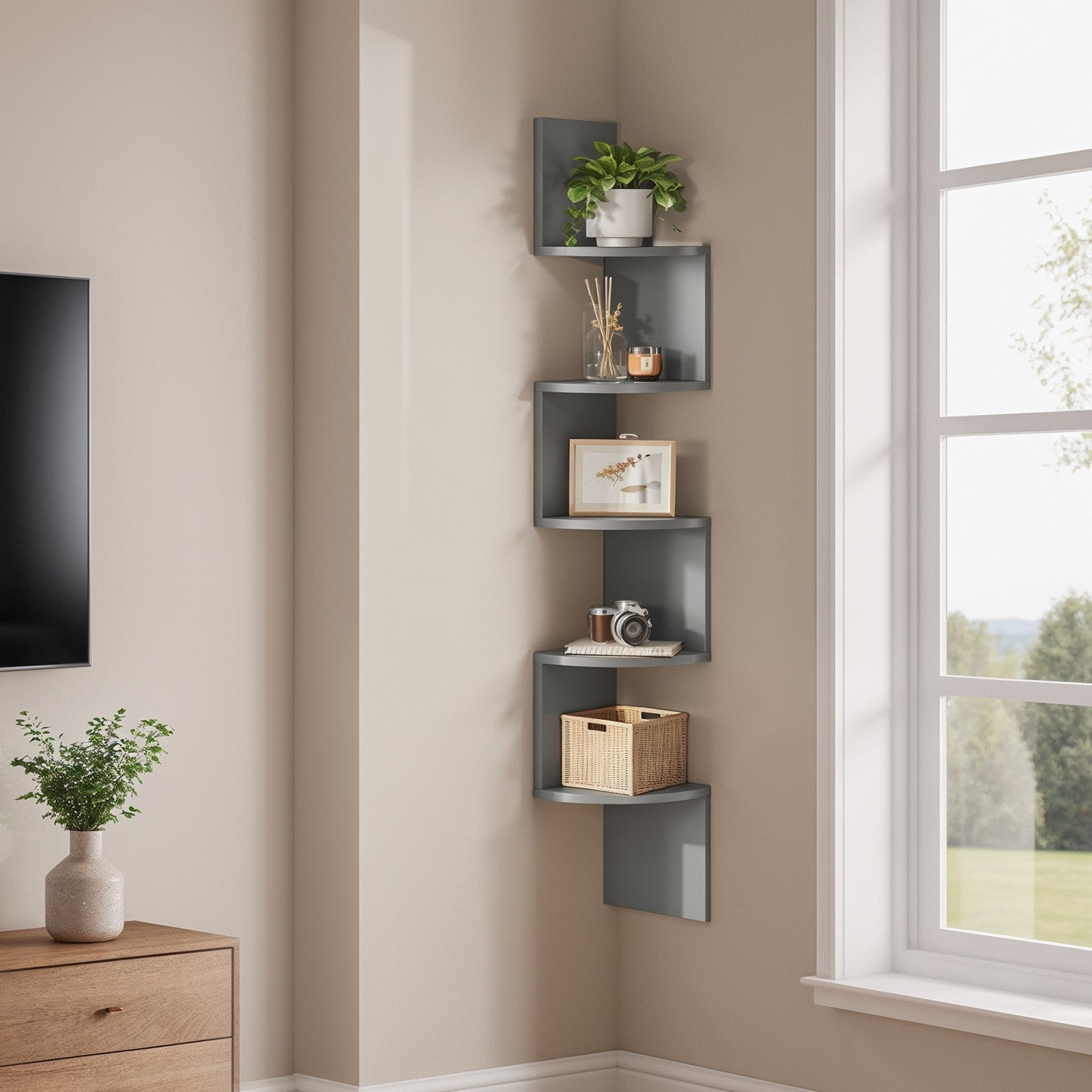 5-Tier Floating Corner Shelf - Wood - Dove Gray - Versatile Storage for Bedroom