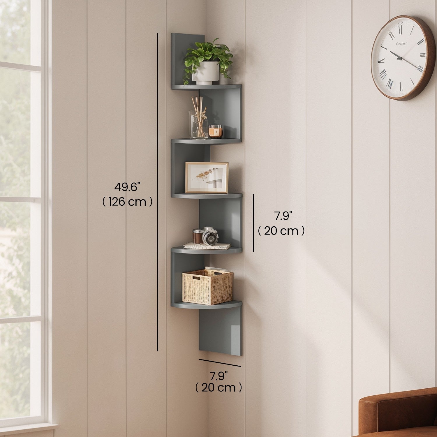 5-Tier Floating Corner Shelf - Wood - Dove Gray - Versatile Storage for Bedroom
