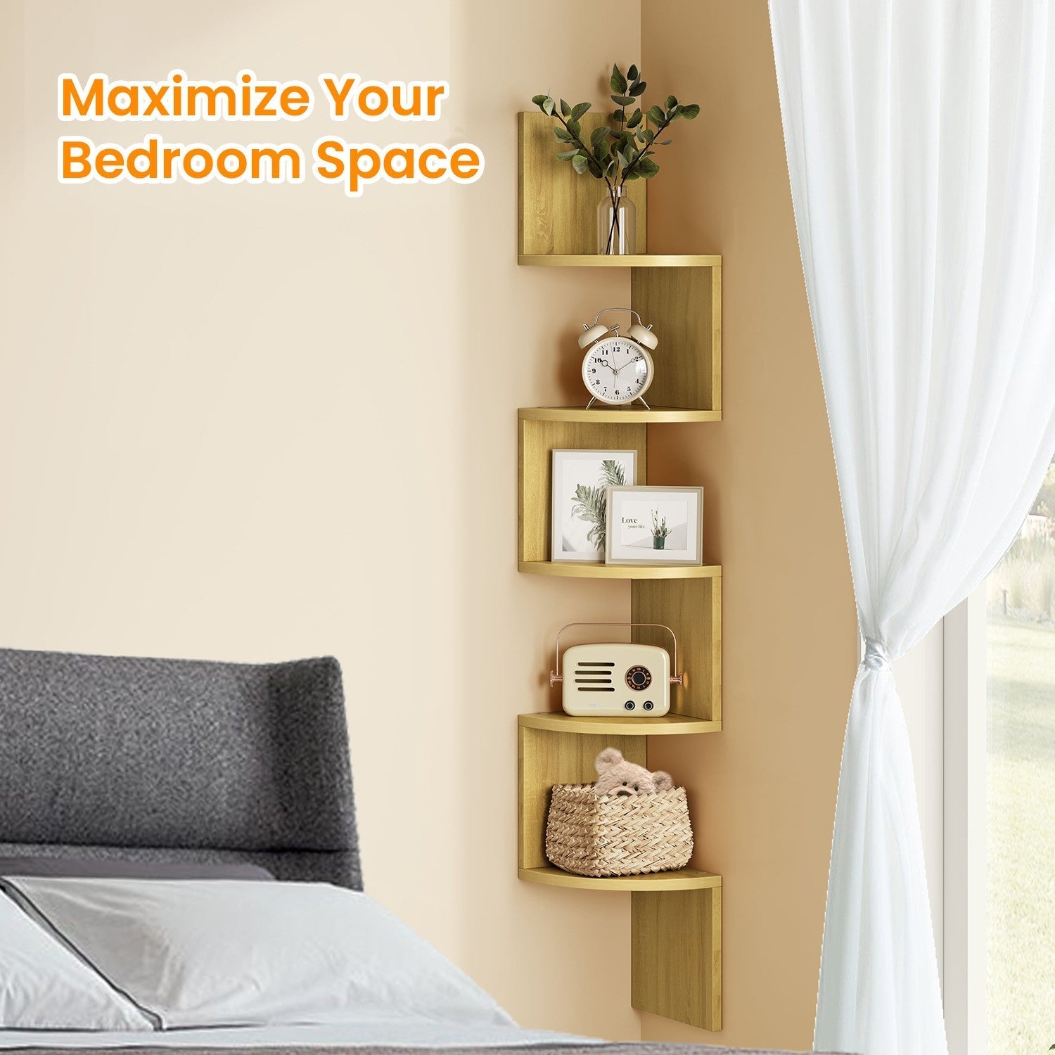 Floating Corner Bookshelf - Wood - Dove Gray - 5-Tier Multi-Purpose Design for Any Room