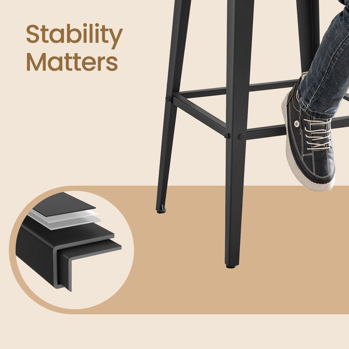 Set of 2 Bar Stools - Metal - Black and Rustic Brown - Supportive Backrest